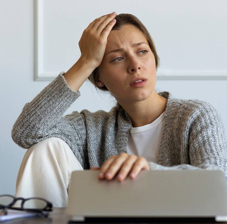 A woman looking fatigued while working at her laptop